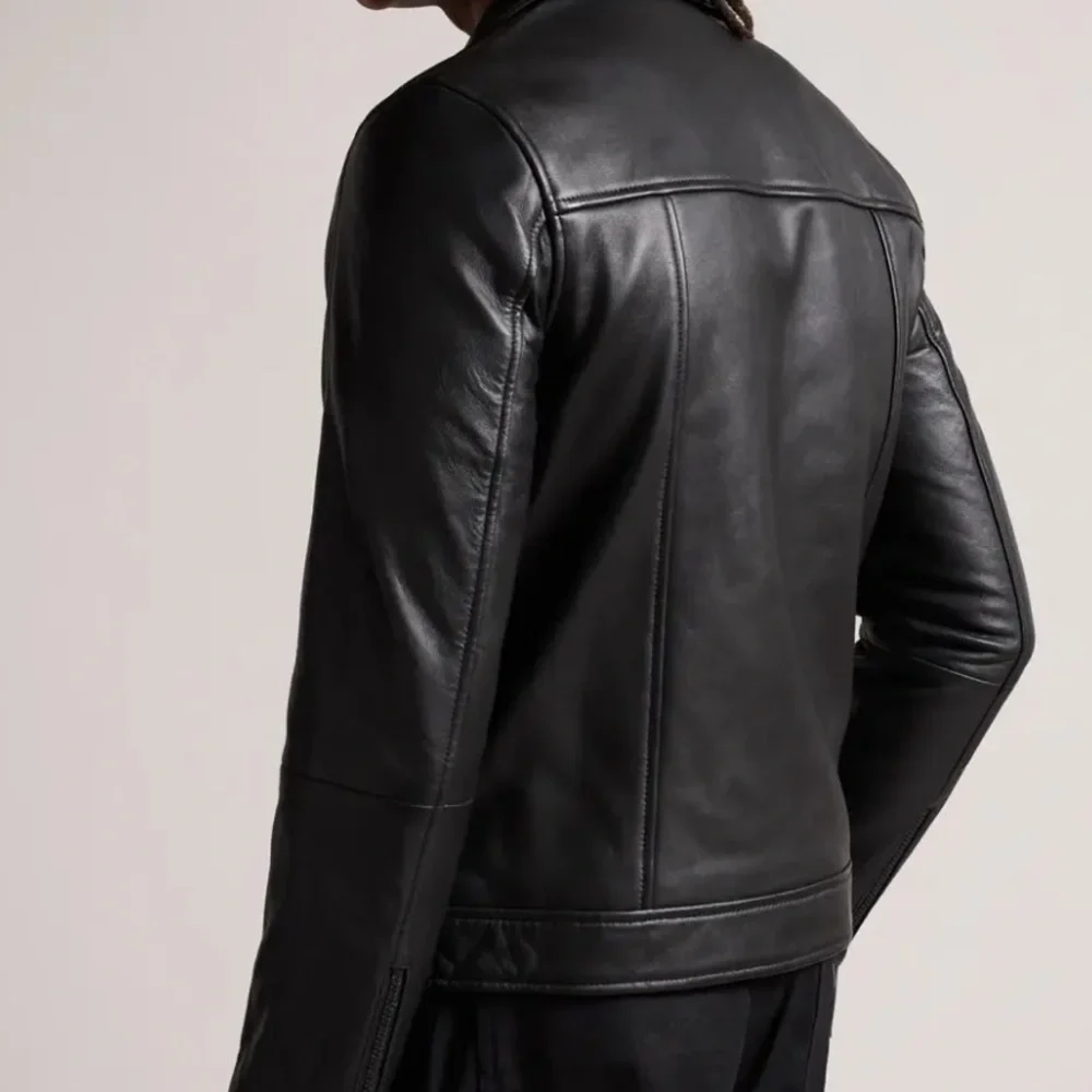 Brand NWT - Ted Baker Carve - Black Leather Biker Jacket - Size 4 (USA size L) - Picture 3 of 15